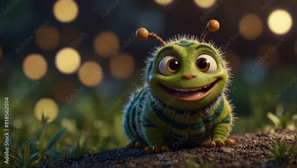 A cartoon caterpillar with a smile on its face,.