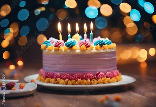 AI generated illustration of A birthday cake with lit candles and other treats on a table