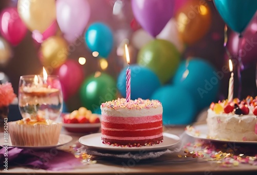 AI generated illustration of A birthday cake with lit candles and other treats on a table