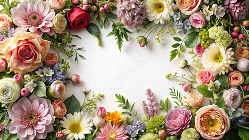 A close-up shot of a meticulously crafted floral frame composed of various blooms and foliage, perfect for adding a touch of nature to any design project.