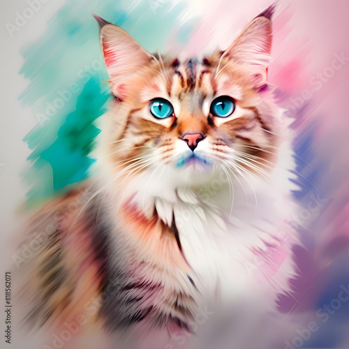 painting cat, water color tone, drawing, vibrant color, printing, digital photo, artistic, drawing, vibrant color, wall art printing, image, vintage, colorful cat