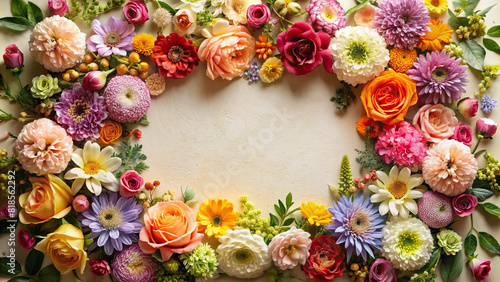 A top-down view of a meticulously arranged floral frame  showcasing a harmonious blend of colorful blooms against a neutral background.