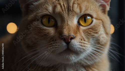 A close up of a cat's face with yellow eyes,.