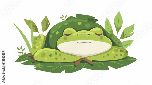 Cute frog sleeping under leaf. Funny lazy froggy photo