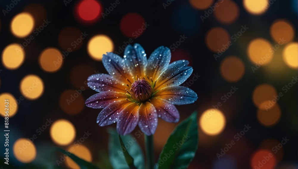 A close up of a flower with some colorful lights in the background,. A close up of a flower with some colorful lights in the background,.