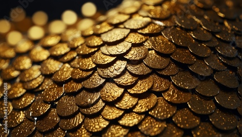 A close up of a gold leafed fish scale pattern on the surface,. photo