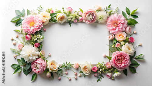 Top view of a flat lay arrangement featuring a delicate floral frame surrounding a blank area  perfect for text insertion 