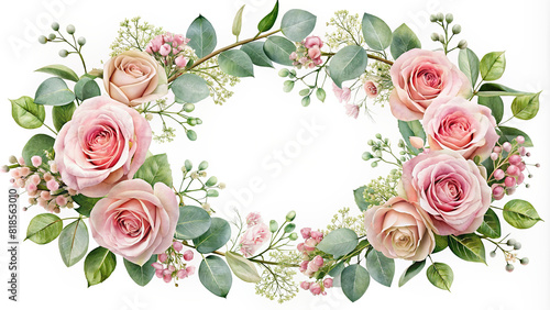 A delicate floral frame composed of pink roses, baby's breath, and eucalyptus leaves, perfect for adding a touch of elegance to any design project. photo