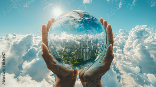 Planet Earth in the hands of a man against the background of the lights of the evening city. Concept and symbol on the theme of ecology, earth conservation. Elements of this image furnished.