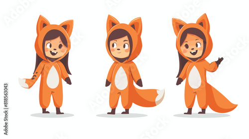 Cute girl in funny fox costume vector flat illustration