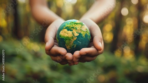 Planet Earth in the hands of a man against the background of the lights of the evening city. Concept and symbol on the theme of ecology, earth conservation. Elements of this image furnished.