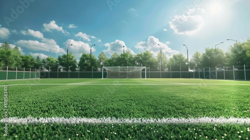 A soccer field with a soccer goal in the middle. Suitable for sports and recreation concepts