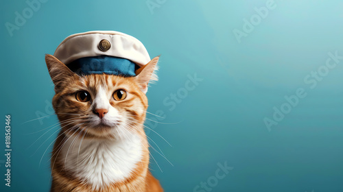 Show a cat dressed in a sailor hat, front-facing, with a solid background and clear copyspace on the right for nautical-themed text.