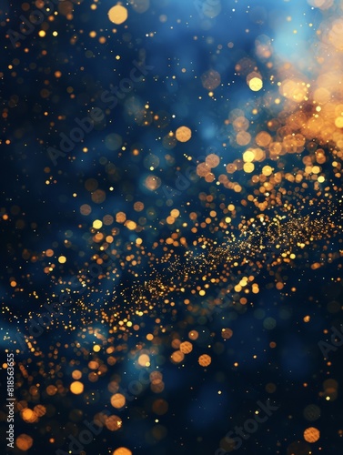 Abstract background with Dark blue and gold particle. Christmas Golden light shine particles bokeh on navy blue background. Gold foil texture. Holiday concept.