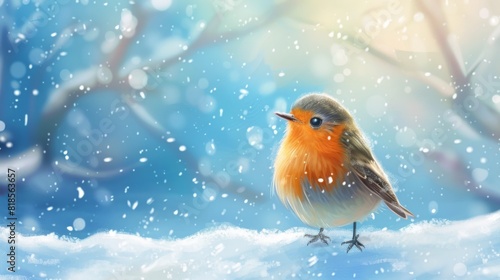 Cute bird and winter. White snow background. photo