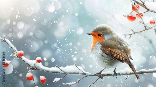 Cute bird and winter. White snow background. photo
