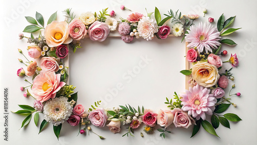Overhead shot of a meticulously crafted floral frame surrounded by negative space  providing an ideal canvas for custom text or graphics.