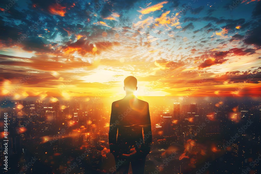 Obraz premium back view business man in front of sunset landscape
