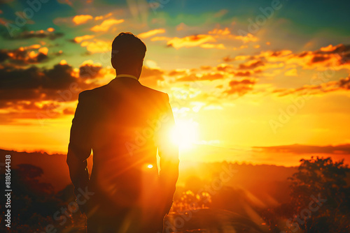  back view business man in front of sunset landscape