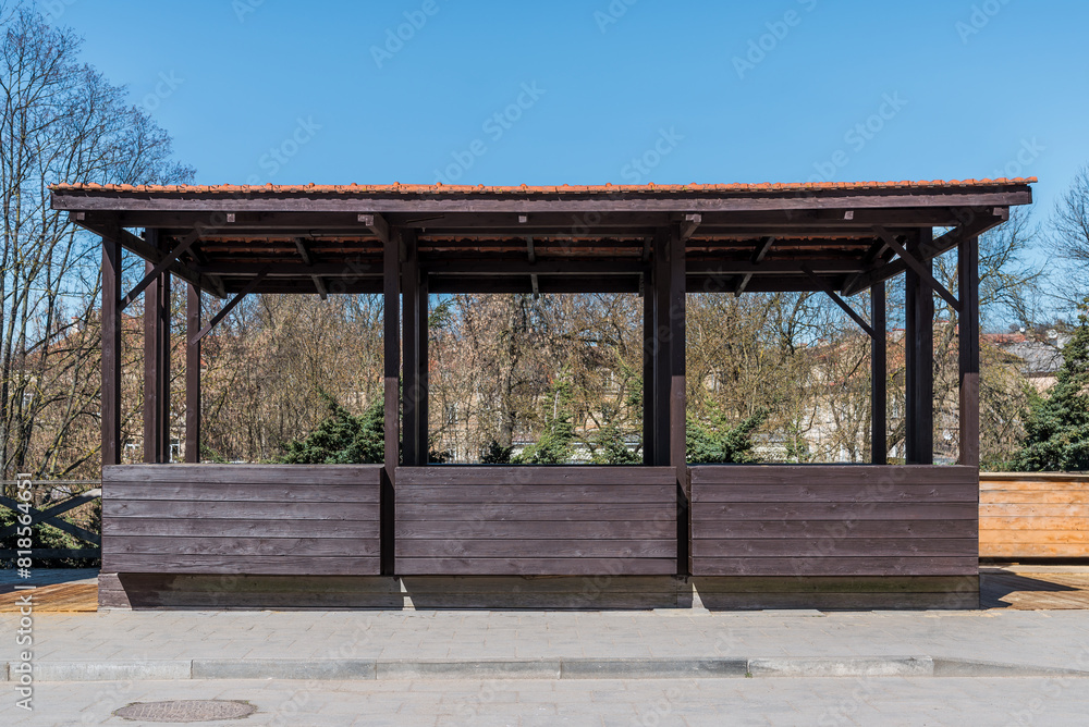 Empty Street Market Wooden Stall On Sidewalk Empty Street Market Wooden Stall On Sidewalk