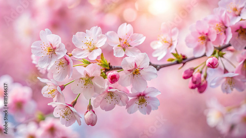 A close-up of delicate cherry blossoms against a soft pink background, capturing the fleeting beauty of spring.