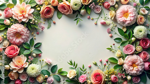 Overhead shot of a beautifully designed floral frame with copy space, offering a versatile backdrop for various creative projects.