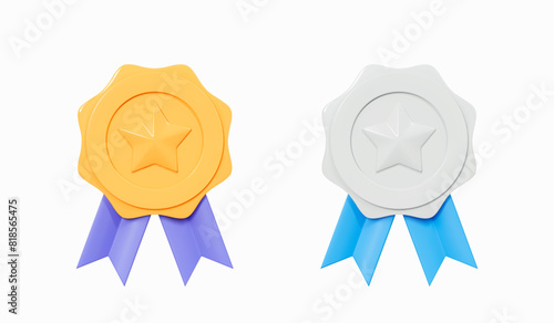 3D Set of award medals with star and ribbons. Silver and gold badges. Quality guarantee. Sport rewards concept. Game trophy elements. Cartoon design icon isolated on white. 3D Vector illustration