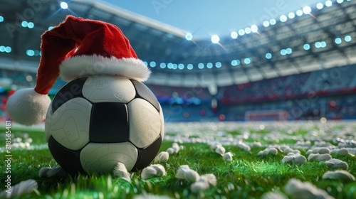 Close up of soccer ball with santa hat in sports stadium. A sanny day at the football stadium. photo