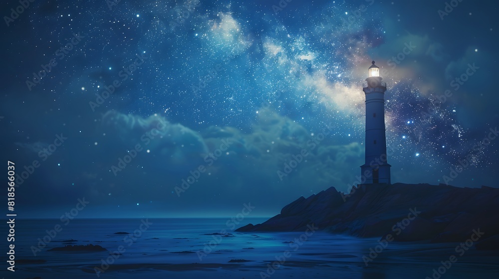 A lone lighthouse stands sentinel on a rugged coastline, its beacon of hope shining brightly against the backdrop of a star-studded sky, guiding ships safely to shore.