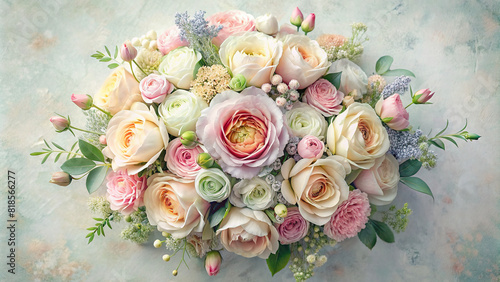 Top view of a floral arrangement in soft pastel colors  creating a dreamy and romantic atmosphere  suitable for greeting cards.