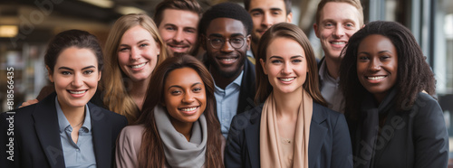 Groupe d'amis souriants, hommes et femmes, jeunes et adolescents. Équipe unie, bonheur et joie, visages désinvoltes, moments de fun et d'amitié partagée. photo