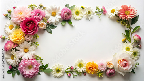 A picturesque arrangement of flowers forming a border around a clean white surface  perfect for your text
