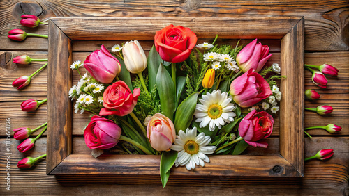 An elegant composition of roses, daisies, and tulips forming a charming floral frame against a rustic wooden background. #818566896