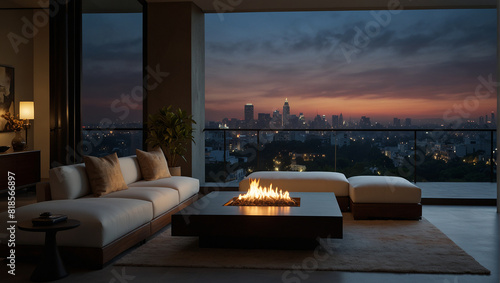 A modern outdoor patio with a fire pit and a view of the city at sunset.  