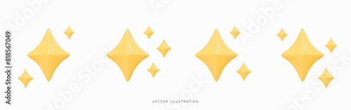 3D Gold star sparkle set emoji. Cute shiny star shaped object. Magic elements. Party confetti. Cartoon creative design icons isolated on white background. 3D Vector illustration photo