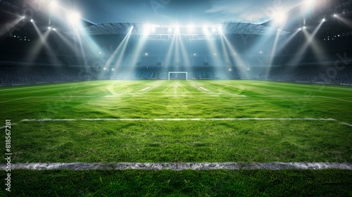 Football stadium arena for match with spotlight. Soccer sport background, green grass field for competition champion match. photo