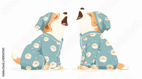 Dog in pajamas and night cap. Doggy in clothes yawnin photo