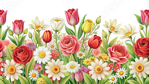 A floral border design featuring roses  tulips  and daisies  suitable for various projects