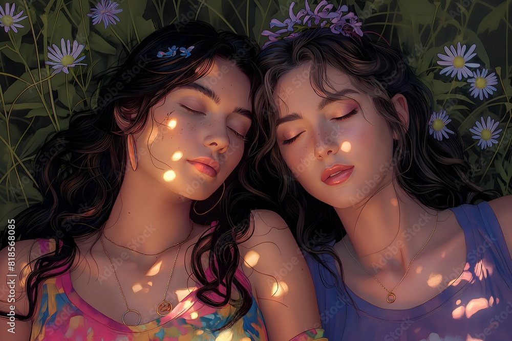 Obraz premium Serene Portrait of Two Women Resting Peacefully Among Nature, Illuminated by Sunlight, Reflecting Intimacy and Connection During Pride Month 