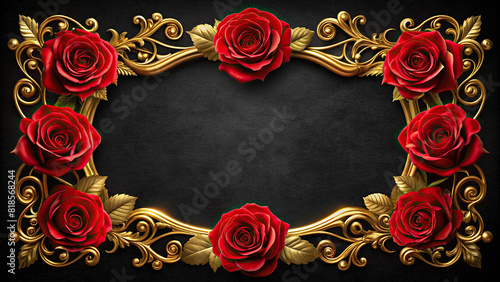 A luxurious frame of red roses and gold accents on a black velvet background  ideal for romantic and opulent themes.