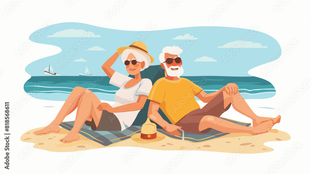Elderly old couple sunbathing on beach. Retired people