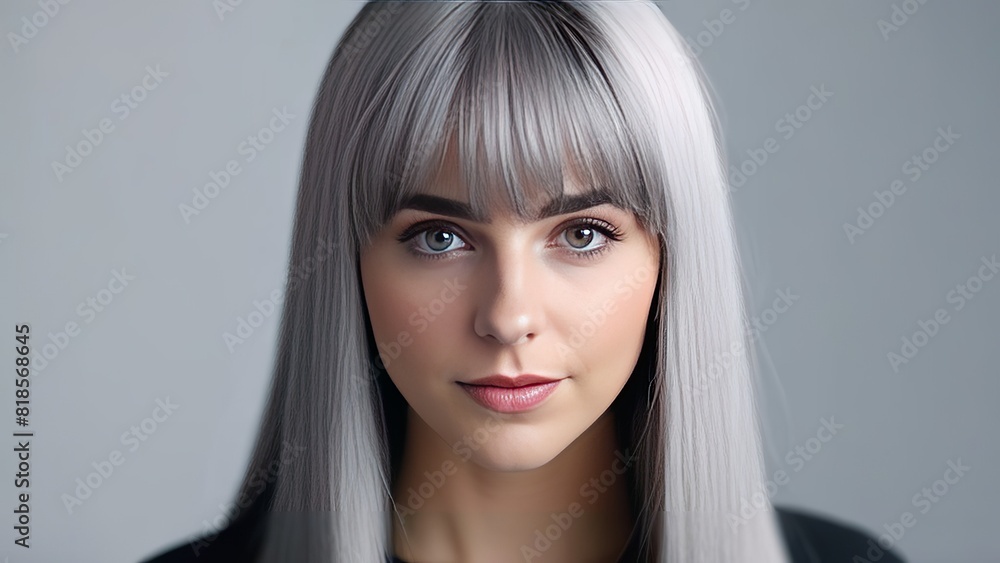 A portrait of a young woman with silver hair and blue eyes, smiling softly. gray background, emphasizing her calm and pleasant expression A portrait of a young woman with silver hair and blue eyes, smiling softly. gray background, emphasizing her calm and pleasant expression
