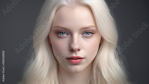 A portrait of a young woman with platinum blonde hair and blue eyes. The grey background and soft lighting highlight her delicate features and serene expression