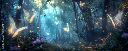 Fairy butterflies with shimmering wings gliding through a magical forest, illuminated by soft, ethereal light filtering through the dense foliage photo
