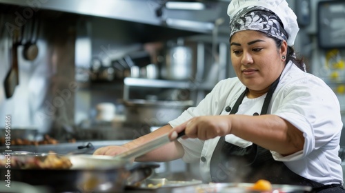 Attractive Hispanic Plus-size young woman working as a chef  cooking in a kitchen