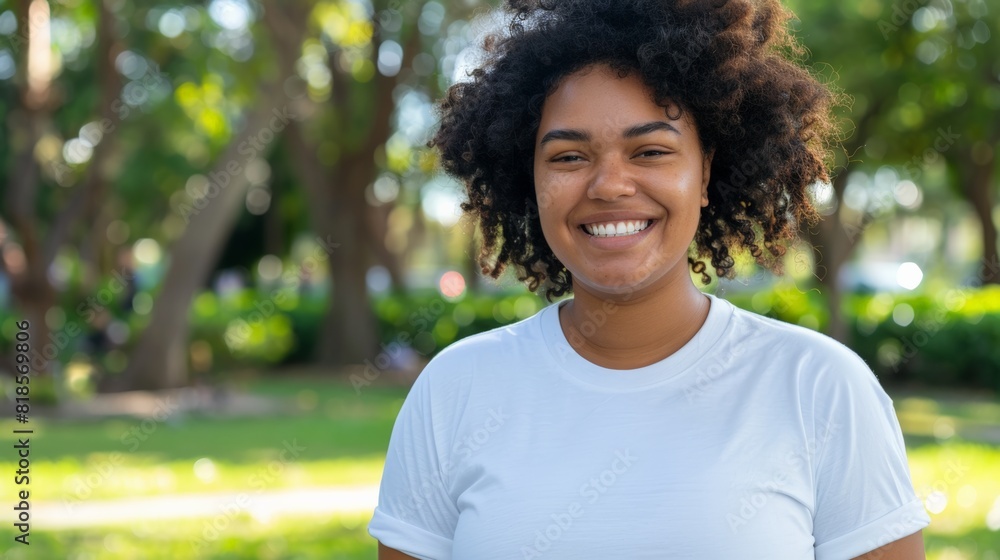 Fototapeta premium Millennial Plus-size woman wearing a blank white t-shirt mockup template, smiling in a city park