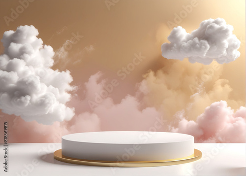 Background podium white 3d product sky platform display cloud pastel scene render stand. gold podium stage minimal abstract background beauty dreamy space studio pedestal smoke showcase geometric