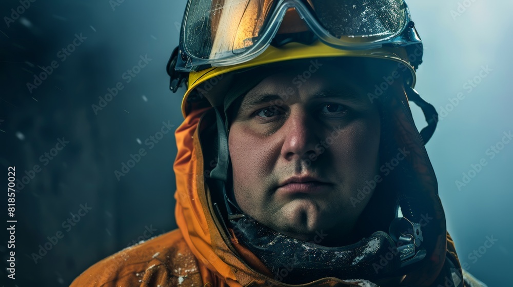 Portrait of a serious plus-size man working as a firefighter, wearing protective gear Portrait of a serious plus-size man working as a firefighter, wearing protective gear