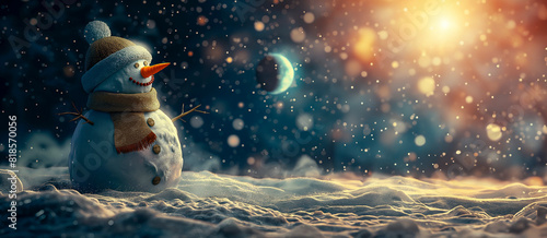 New Year banner with a snowman on a snowy field in the night magical lighting and falling snow, free space for text photo