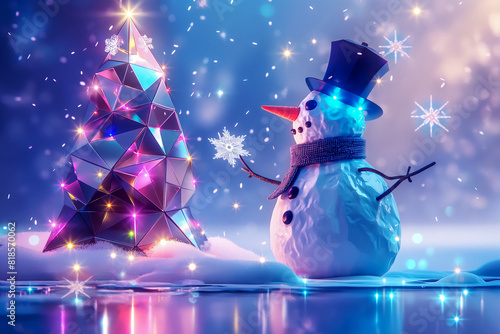 Christmas tree made of geometric halographic shapes and reflective surfaces, and a snowman decorating the tree with snowflakes, New Year card idea photo